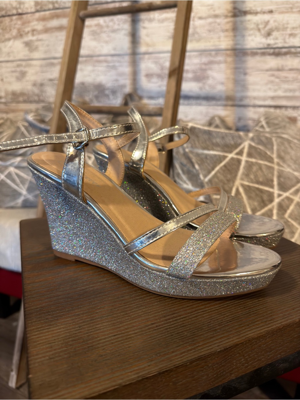 Forever Link Silver Glitter Wedge Sandals